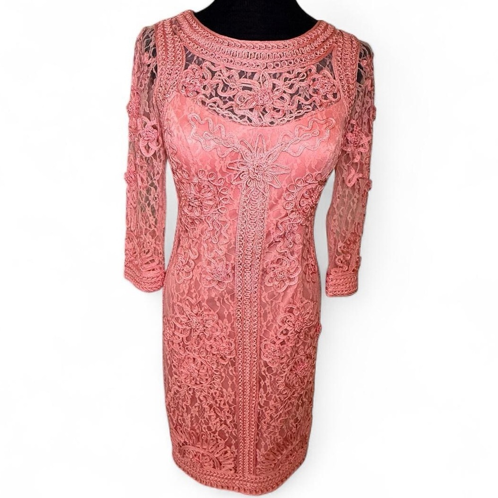 SUE WONG Ribbon Trim Pink Embroidered Bodice 3/4 Sleeve Round Neck Dress Size 2